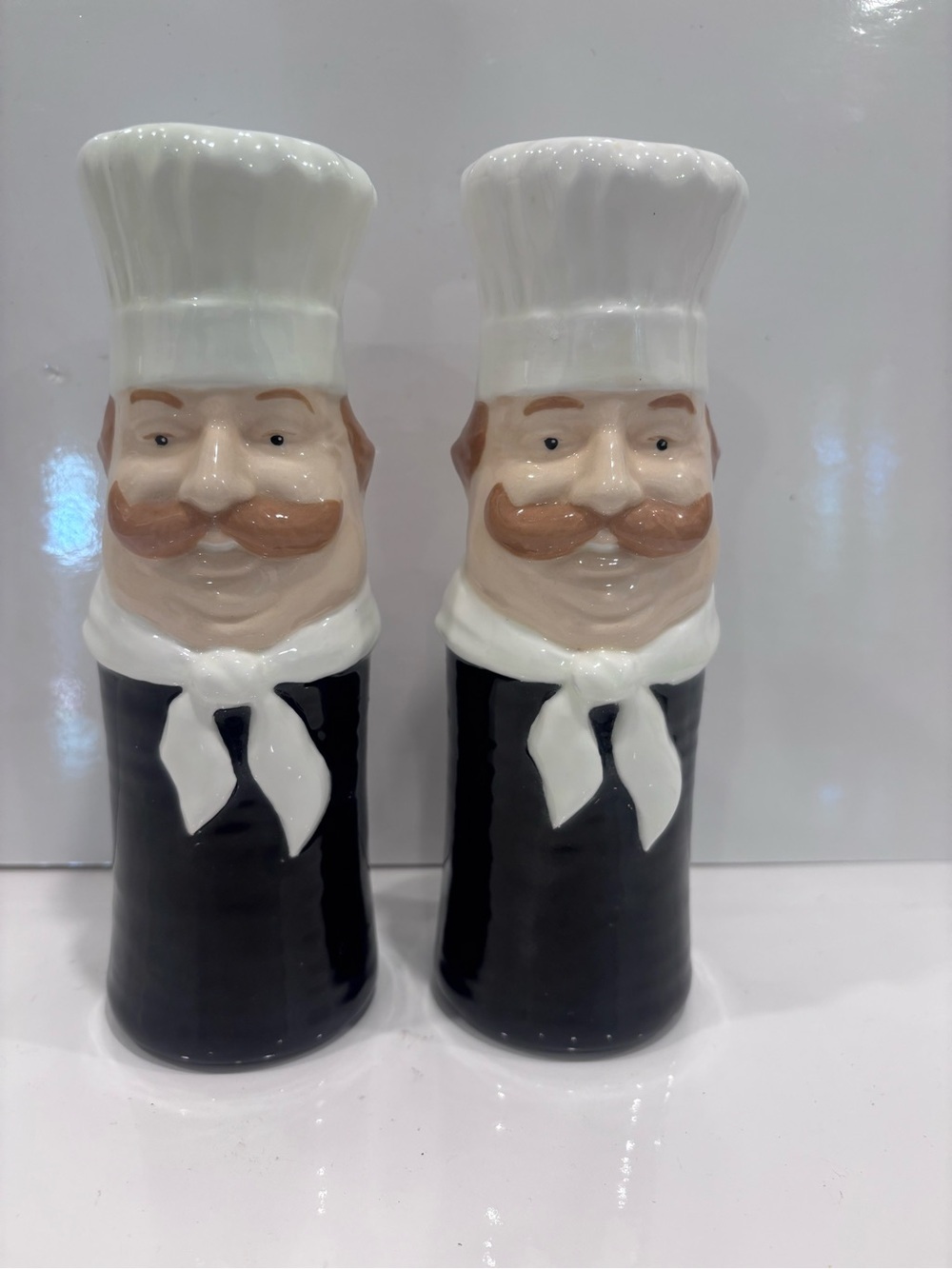 Ceramic Chef Salt and Pepper Shaker Set - White & Black- 8” tall